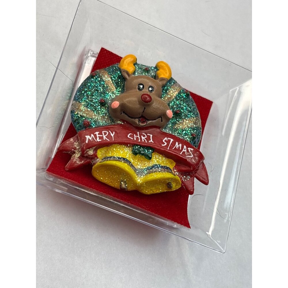 Handmade Christmas Reindeer Brooch With Glitter Wreath & Red Bow